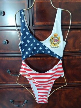 Women One-Piece Swimsuit in Red, White & Blue with Crest Detail